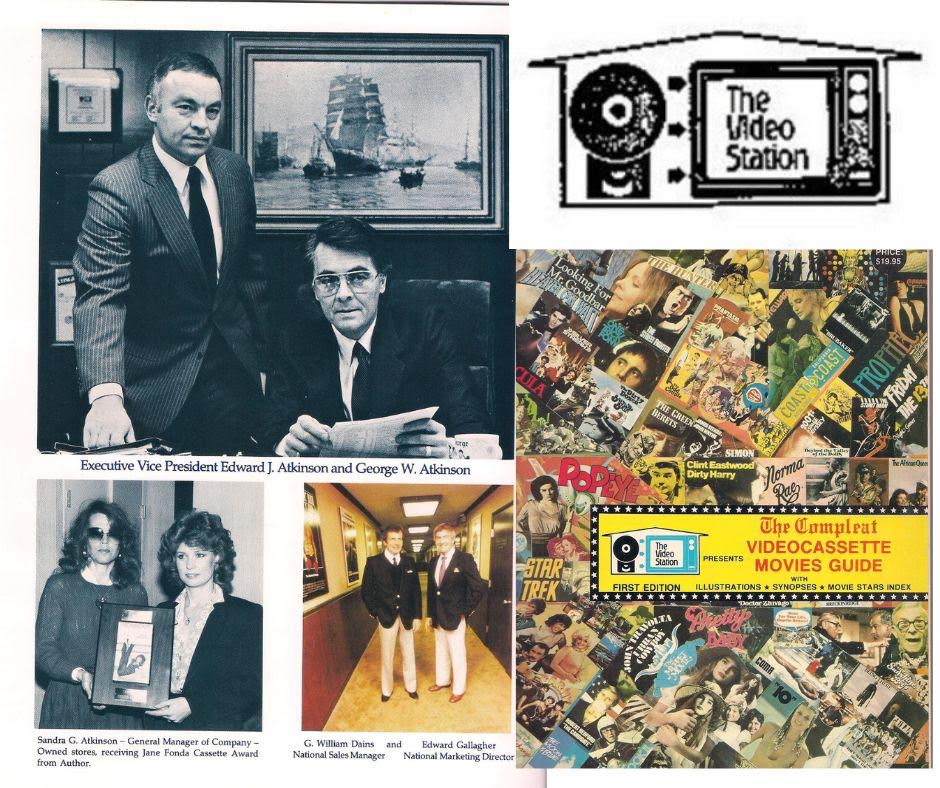 Video Station collage featuring George and Edward Atkinson, Sandra Atkinson, company executives, the Video Station logo, and its first movie guide